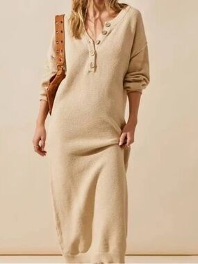 Free People Free-est Haile Button-Front Long Knit Dress in Beige